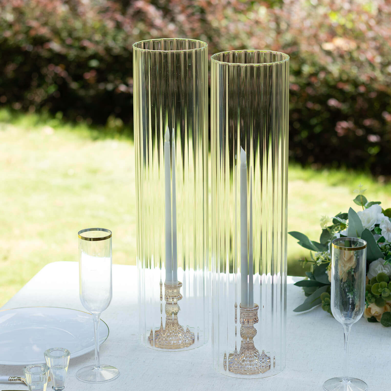 2-Pack Ribbed Glass Candelabra Shades Open End Hurricane Design 20" Clear - Sleek Table Centerpiece for Stylish Decor